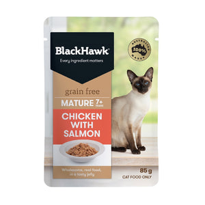 Pack of BLACK HAWK FELINE MATURE CHICKEN & SALMON 85GX12